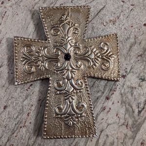 Vintage Gothic Cross Wood Covered W/ Hammered Metal Christian Silver Tone 13.5"H